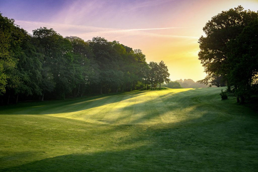 beautiful fairway with morning sun rising in the background at golf course company